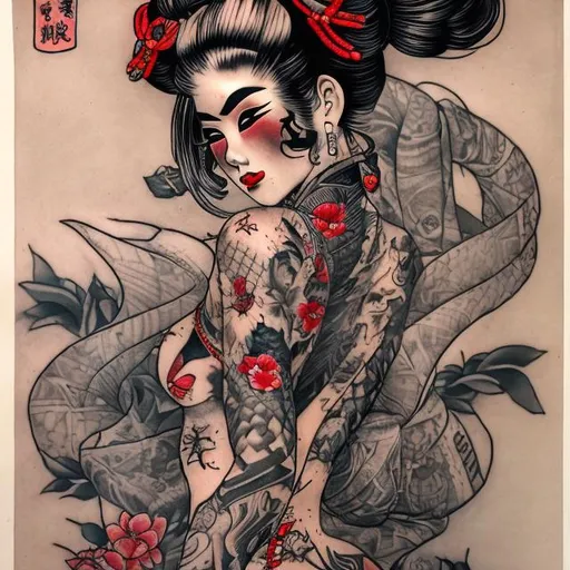 Prompt: TATTOOED GEISHA IN A NIGTCLUB