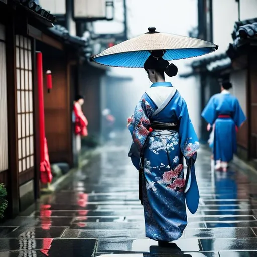 Prompt: Female geisha SAMURAI wearing a blue kimono walking in the rain in Osaka, Japan