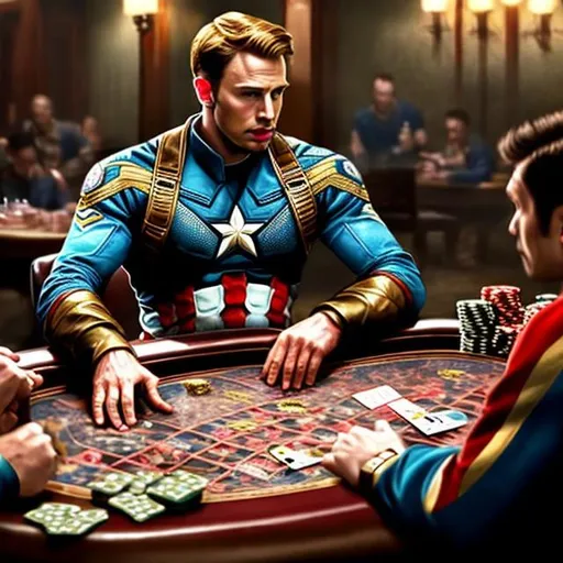 Prompt: CAPTAIN AMERICA WEARING A GOLD FLORAL DESIGN KIMONO PLAYING POKER