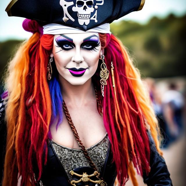 Prompt: beautiful drag queen  female pirate 