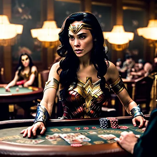 Prompt: WONDERWOMAN WEARING A GOLD FLORAL DESIGN KIMONO PLAYING POKER