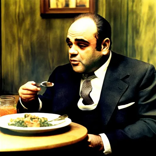 Prompt: AL CAPONE EATING DINNER IN COLOR
