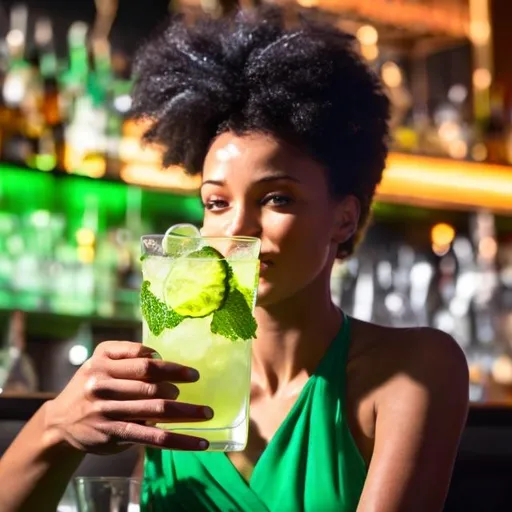 Prompt: Mixed race female  drinking virgin mojito at a bar