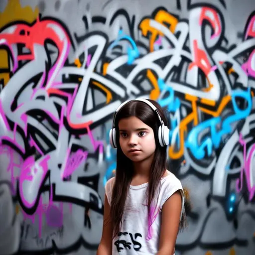 Prompt: GIRL LISTENING TO MUSIC ON HER HEADPHONES STANDING INFRONT OF A GRAFFITI ARTWORK
