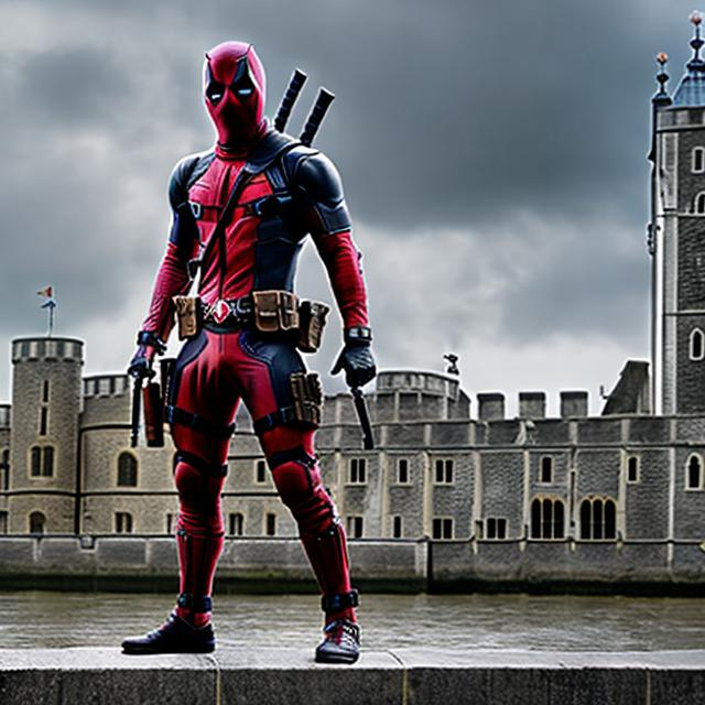 Prompt: High-resolution photo of superhero DEADPOOL, ALL black costume, uhd, hdr, 64k SITTING ON THE TOWER OF LONDON