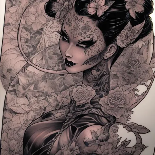 Prompt: TATTOOED CATWOMAN GEISHA 