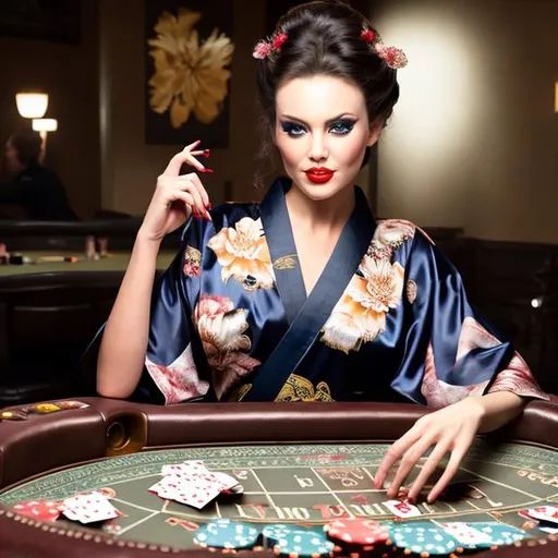 Prompt: BEAUTIFUL SHOWGIRL WEARING A NAVY-BLUE FLORAL DESIGN KIMONO PLAYING POKER
