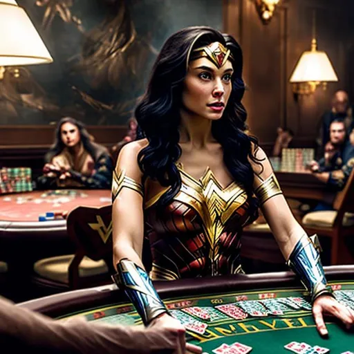 Prompt: WONDERWOMAN WEARING A GOLD FLORAL DESIGN KIMONO PLAYING POKER