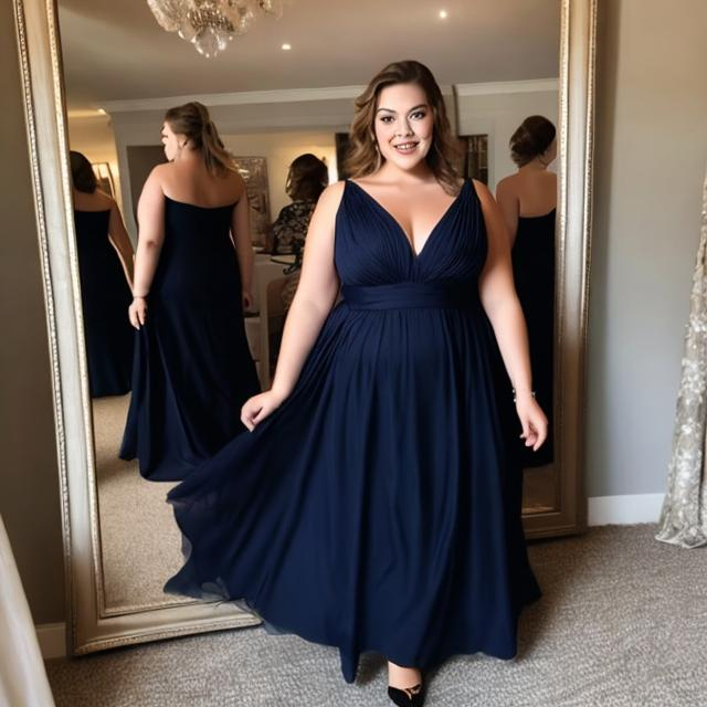 Prompt: Plus size woman in a navy blue evening dress at a dinner party 