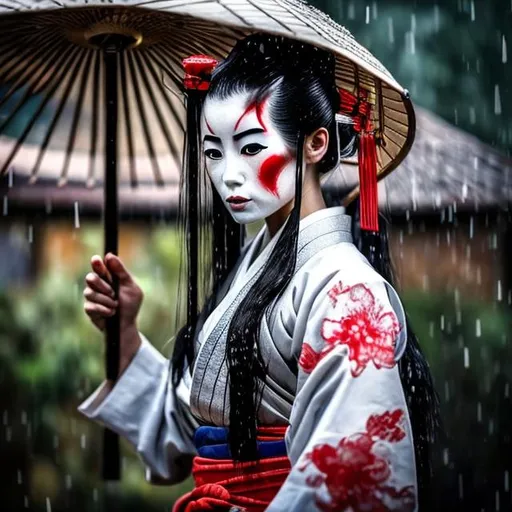 Prompt: Female geisha SAMURAI Fighting in the rain 