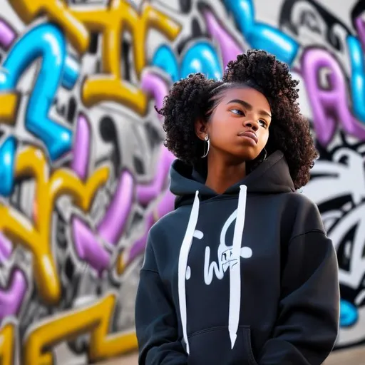 Prompt: TALL BLACK GIRL WEARING A HOODIE WITH BRAIDED HAIR LISTENING TO MUSIC ON HER HEADPHONES STANDING INFRONT OF A VIBRANT GRAFFITI ART WALL MURAL

