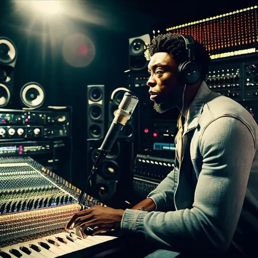 Prompt: CHADWICK BOSEMAN AS A SOUND ENGINEER IN A, MUSIC STUDIO WORKING ON ACOUSTIC SOUL MUSIC ALBUM