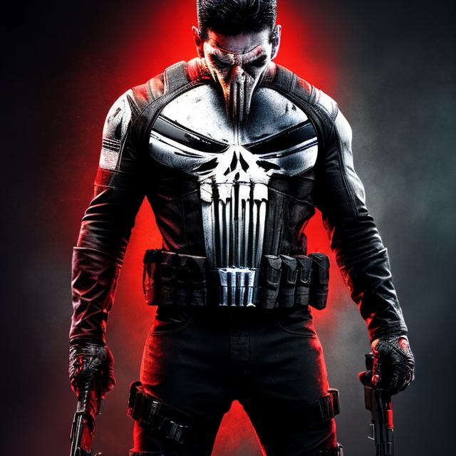 Prompt: High-resolution hyperrealistic photo of THE PUNISHER, black and red and white costume, uhd, hdr, 64k