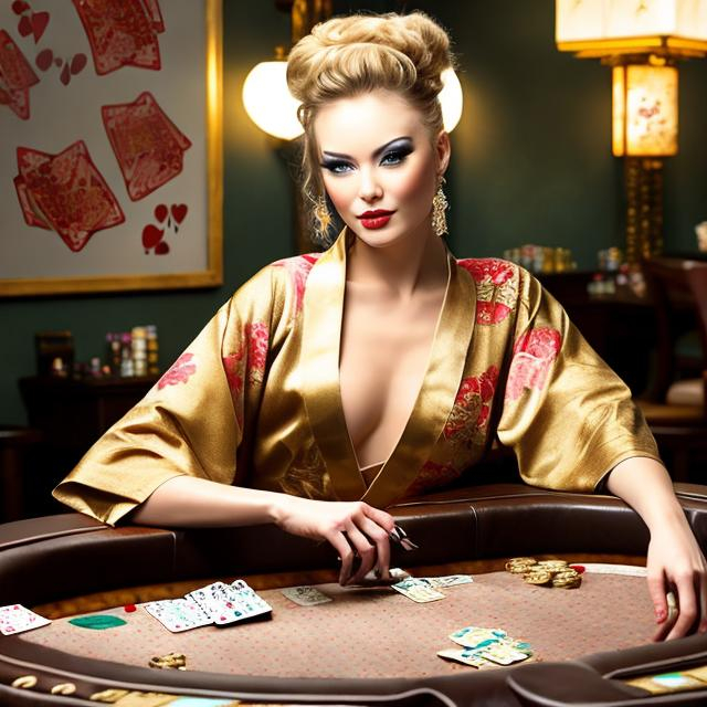 Prompt: BEAUTIFUL SHOWGIRL WEARING A  GOLD FLORAL DESIGN KIMONO PLAYING POKER