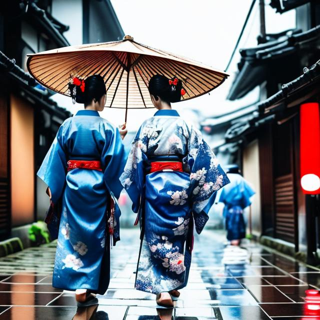 Prompt: Female geisha SAMURAI wearing a blue kimono walking in the rain in Osaka, Japan