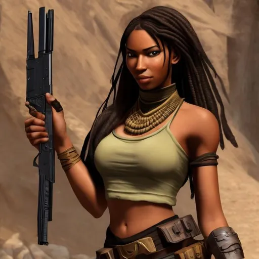Prompt: Black Egyptian Lara Croft holding two desert eagle guns 