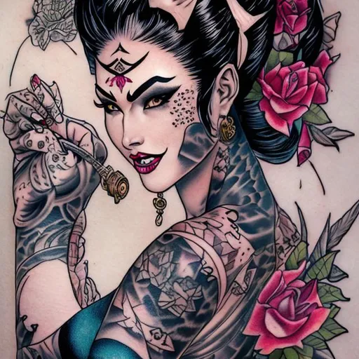 Prompt: TATTOOED CATWOMAN GEISHA IN COLOR