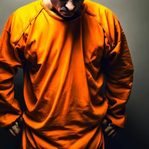 Prompt: MAN IN HANCUFFS AND WEARING ORANGE PRISON CLOTHES
