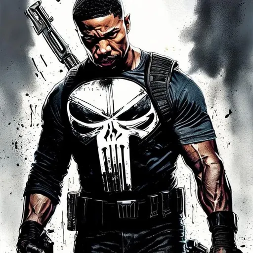 Prompt: MICHAEL.B. JORDAN AS THE PUNISHER IN COLOR