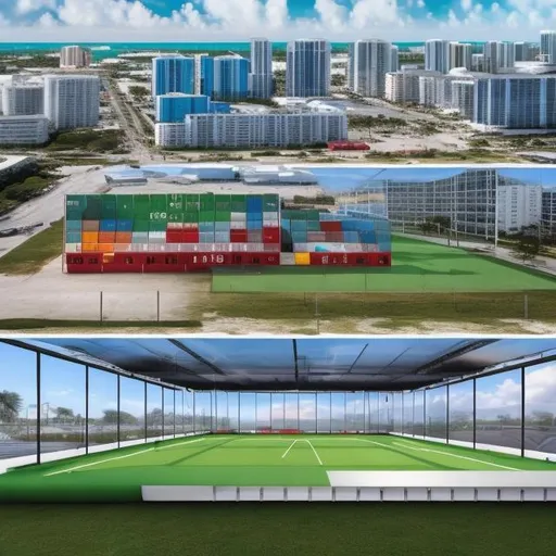 Prompt: FOUR STOREY SHIPPING CONTAINER SOCCER STADIUM IN MIAMI