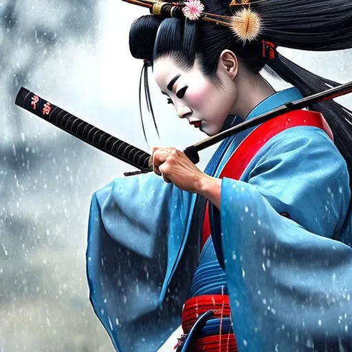 Prompt: Female geisha SAMURAI wearing a blue kimono Fighting in the rain with a katana sword 