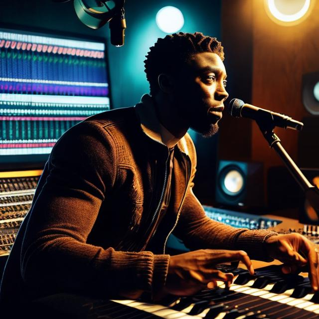 Prompt: CHADWICK BOSEMAN AS A SOUND ENGINEER IN A, MUSIC STUDIO WORKING ON ACOUSTIC SOUL MUSIC ALBUM
