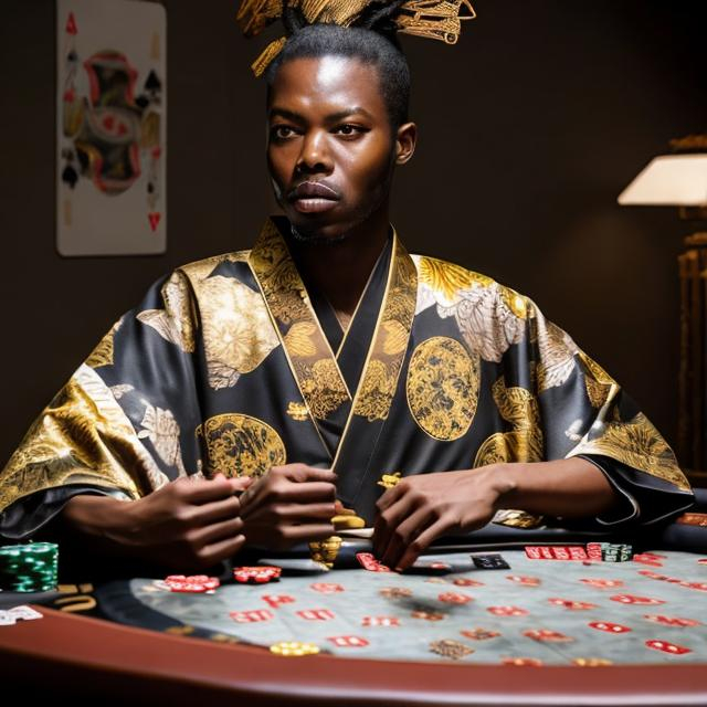 Prompt: YASUKE WEARING A GOLD FLORAL DESIGN KIMONO PLAYING POKER