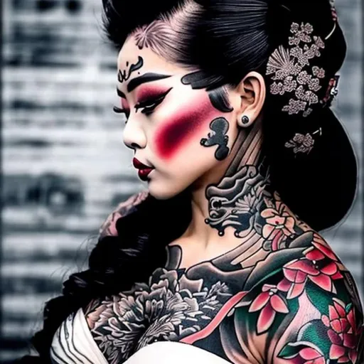 Prompt: TATTOOED FEMALE GEISHA GANGSTER