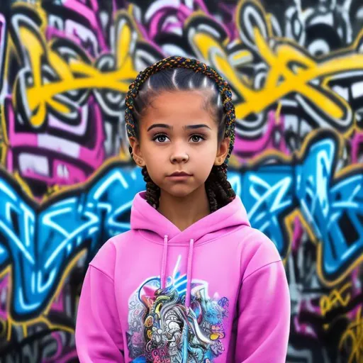 Prompt: TALL MIXED-RACE GIRL WEARING A HOODIE WITH BRAIDED HAIR STANDING INFRONT OF A VIBRANT GRAFFITI WALL MURAL
