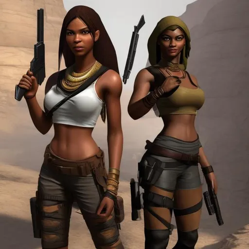 Prompt: Black Egyptian Lara Croft holding two desert eagle guns 