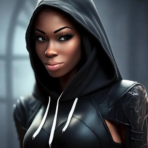 Prompt: BLACK FEMALE ASSASSIN IN A HOODIE