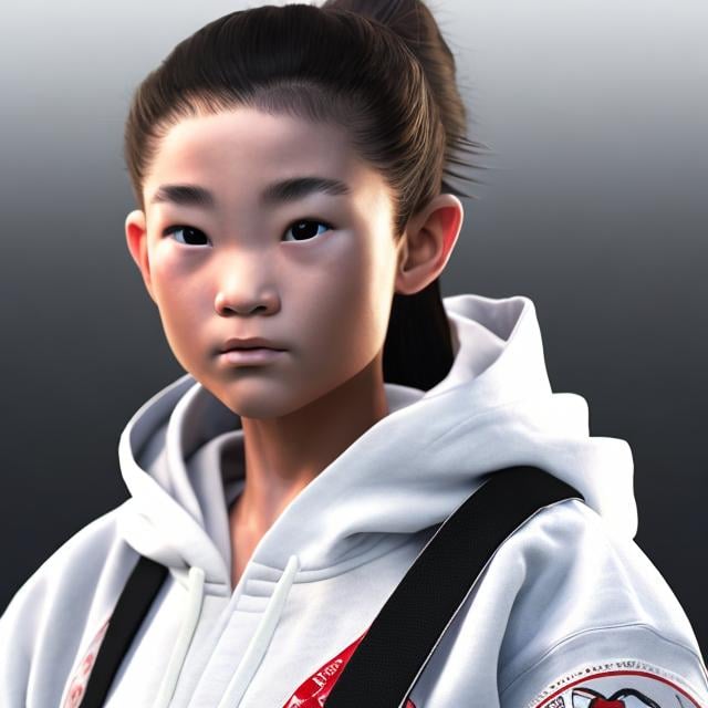 Prompt: HIGHLY DETAILED REALISTIC KARATE GIRL IN A HOODIE