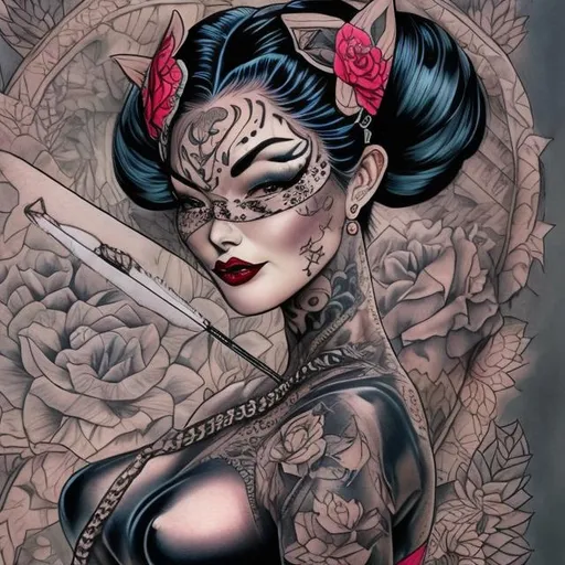 Prompt: TATTOOED CATWOMAN GEISHA IN COLOR