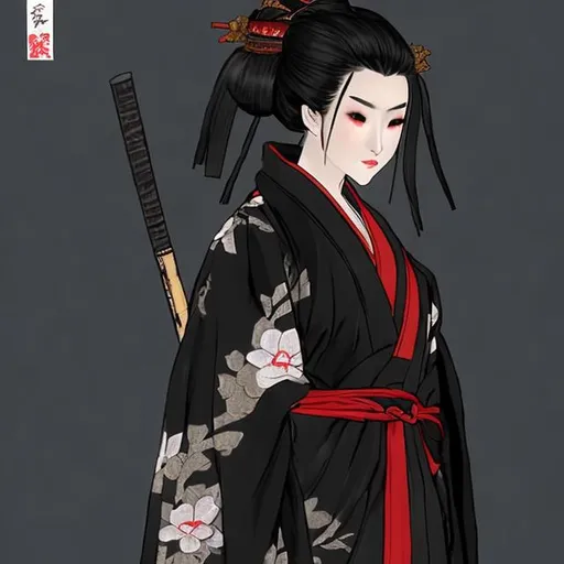 Prompt: Female RONIN wearing a black  kimono      