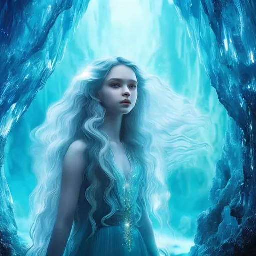 Prompt: hyper quality, hyper detail, 8k, a beautiful crystal heavenly angel with long wavy hair, wearing a bio luminescent blue dress standing in the entrance of a mystical cave, blue misty effect, sunlit background.