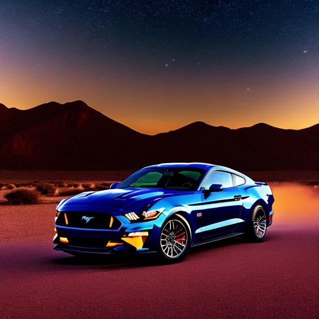 Prompt: NAVY BLUE FORD MUSTANG IN A COLORFUL DESERT IN THE NIGHT