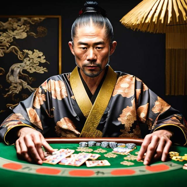 Prompt: SAMURAI WEARING A GOLD FLORAL DESIGN KIMONO PLAYING POKER