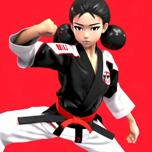Prompt: FEMALE KARATE GIRL, IN A BLACK AND RED KARATE ATTIRE.