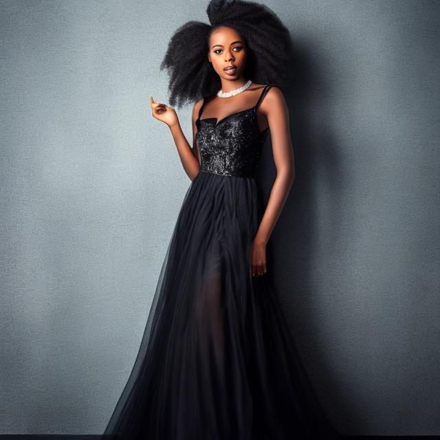 Prompt: BLACK WOMAN IN A BLACK AND BLUE EVENING DRESS IN COLOR