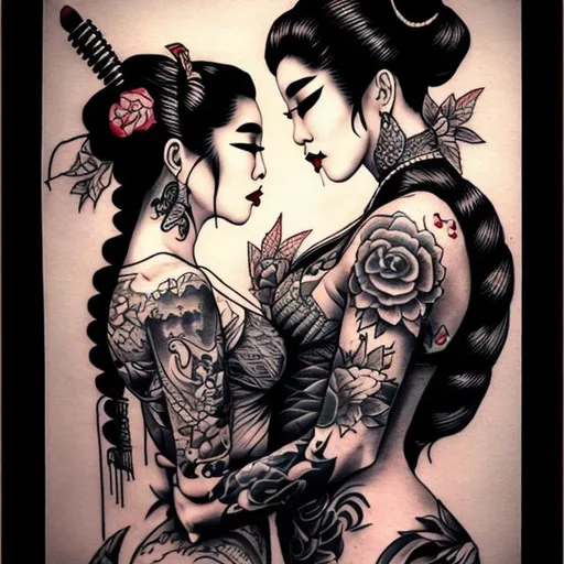 Prompt: TATTOOED FEMALE GEISHA GANGSTER KISSING HER DRAQ QUEEN WOMAN LOVER