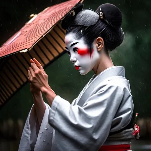 Prompt: Female geisha SAMURAI Fighting in the rain 
