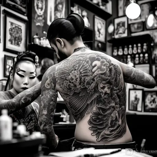 Prompt: TATTOOED GEISHA TATTOO ARTIST TATTOOING A MAN IN HER TATTOO SHOP