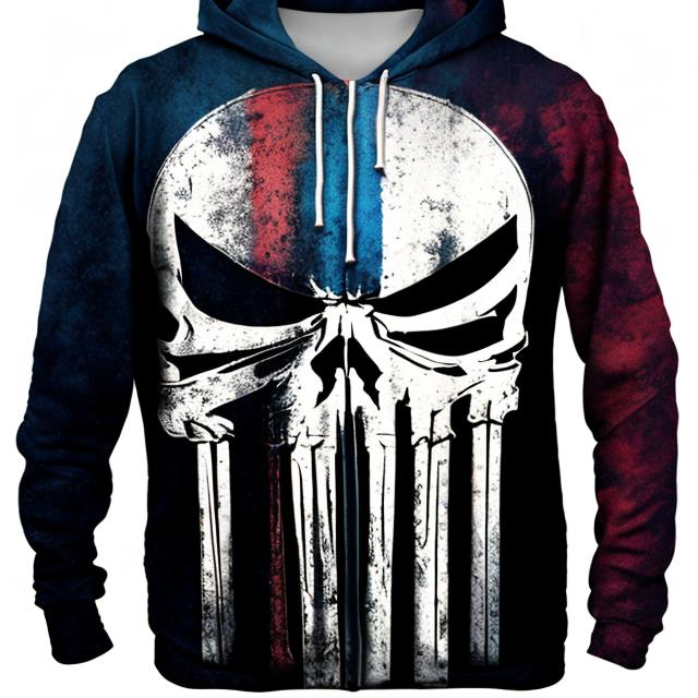 Prompt: CREATE A HIGHLY DETAILED COLORFUL IMAGE OF THE PUNISHER HOODIE