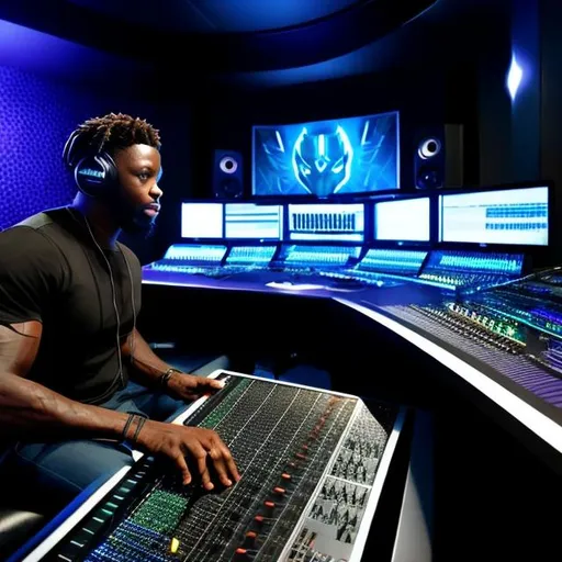 Prompt: BLACK PANTHER SUPERHERO AS A SOUND ENGINEER IN A MUSIC STUDIO WORKING ON THE SOUNDTRACK TO THE MOVIE BLACK PANTHER