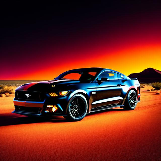 Prompt: BLACK FORD MUSTANG IN A COLORFUL DESERT IN THE NIGHT