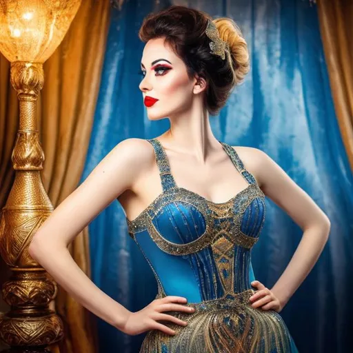 Prompt: BEAUTIFUL SHOWGIRL WEARING A BLUE AND BLACK EVENING DRESS