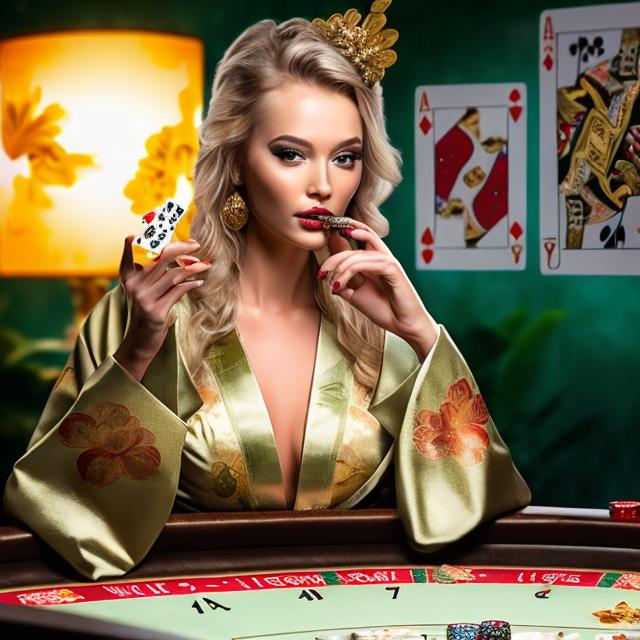 Prompt: BEAUTIFUL SHOWGIRL WEARING A GOLD FLORAL DESIGN KIMONO PLAYING POKER, DRINKING VIRGIN MOJITO