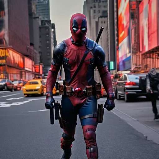 Prompt: High-resolution photo of superhero DEADPOOL, ALL black costume, uhd, hdr, 64k WALKING IN NEW YORK
