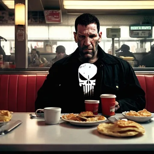 Prompt: PUNISHER EATING BREAKFAST IN A DINER
