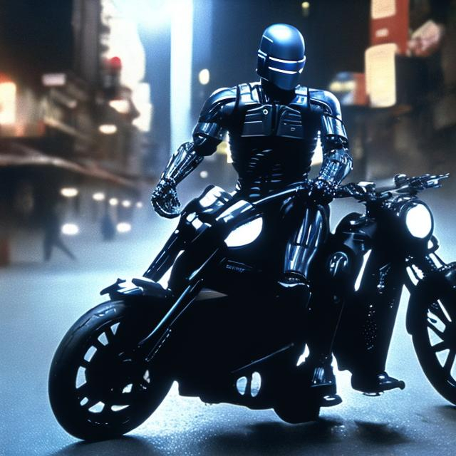 Prompt: ROBOCOP RIDING HIS BLACKED-OUT MOTORCYCLE IN THE CITY